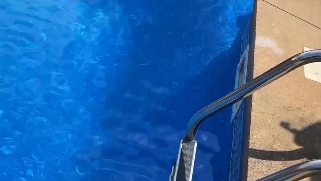 Technicien de GEEMSAD passant l'épuisette au fond d'une piscine creusée bordée d'une mosaïque bleue, avant les travaux de fermeture.